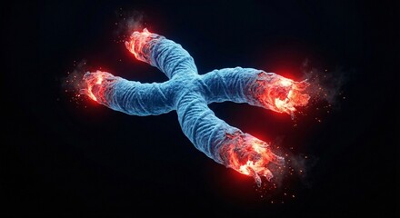 Obraz premium 3D illustration of chromosome with burning glowing red telomeres representing aging