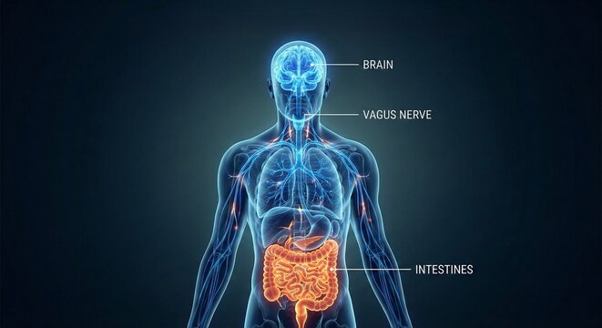 Medical illustration of gut-brain axis connection via vagus nerve and digestive system