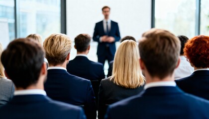 Obraz premium Business conference seminar with corporate audience listening to a speaker during a professional presentation in a modern meeting room.