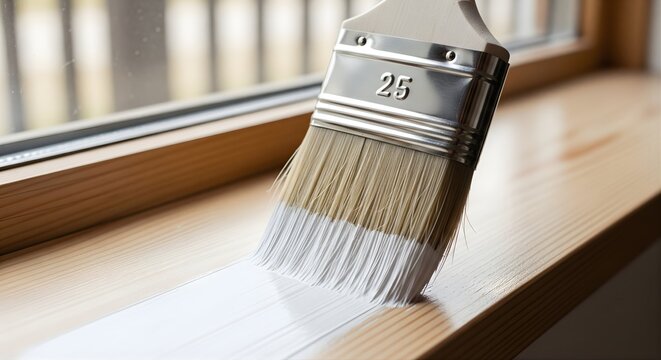 Close up of paint brush applying white fresh paint on wooden window frame for home renovation improvement project diy interior maintenance professional construction work house decorating background