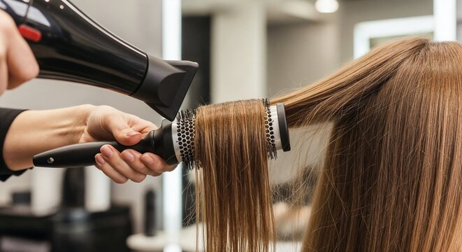 Professional hairstylist blow-drying long brown hair with a round brush during a salon styling session.