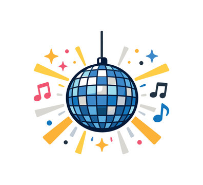 full color flat icon disco ball hanging with light rays and small music notes dance party