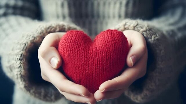 Woman holding red knitted heart. Concept of love, care, handmade