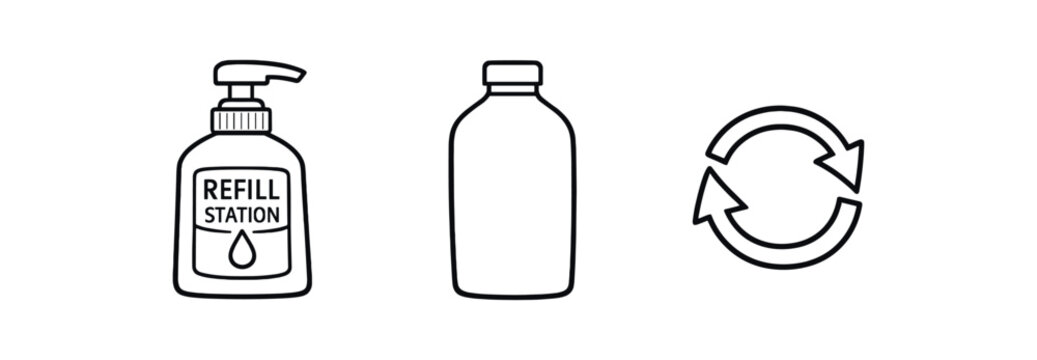 black and white outline reusable refill station pump bottle empty container outline circular refill arrows