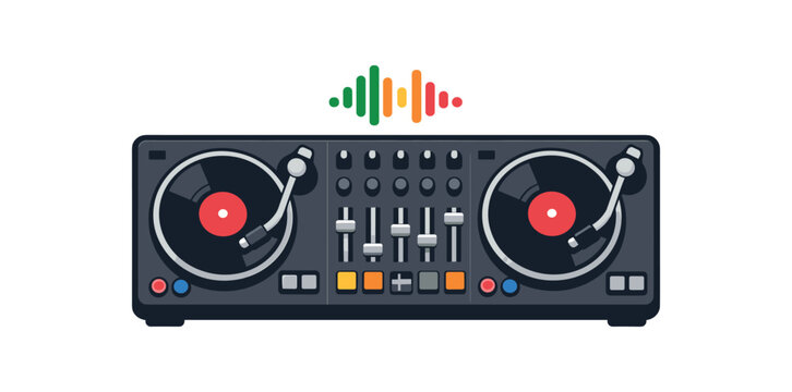 full color flat icon simple DJ deck with two turntables and little music wave icon