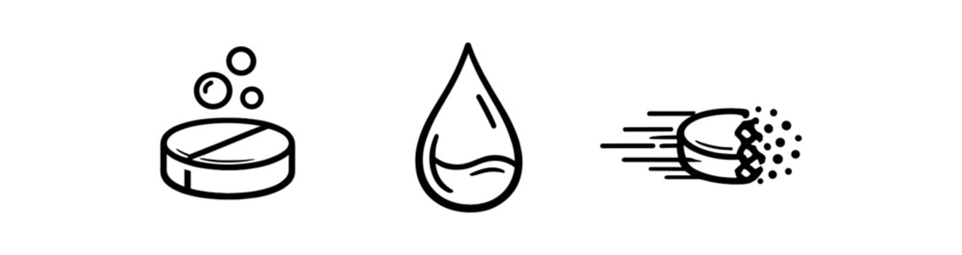 black and white outline concentrated cleaning tablet water droplet dissolving motion lines