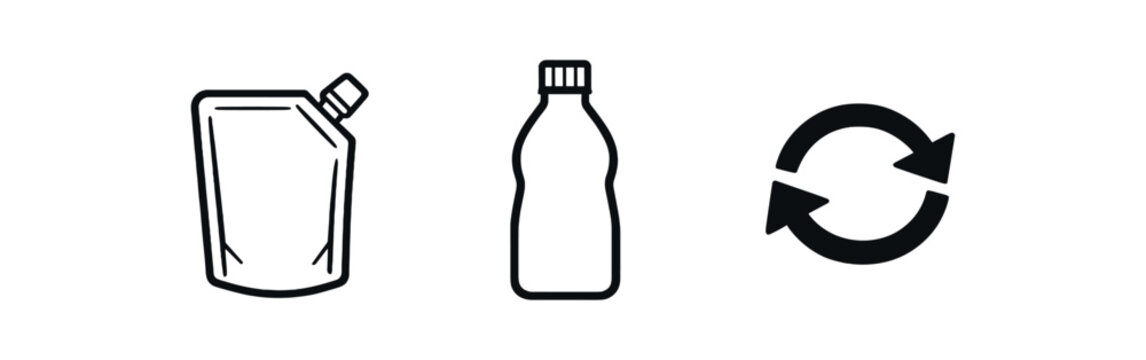 black and white outline refill pouch with corner spout bottle silhouette reuse arrows
