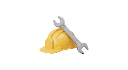 Simple 3D illustration of a yellow hard hat with a silver wrench resting on top.