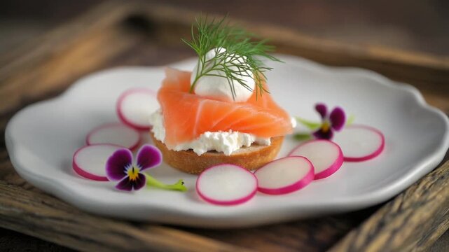 Elegant Salmon Canap?s with Cream Cheese, Radishes, Dill, and Edible Flowers on a Rustic Tray