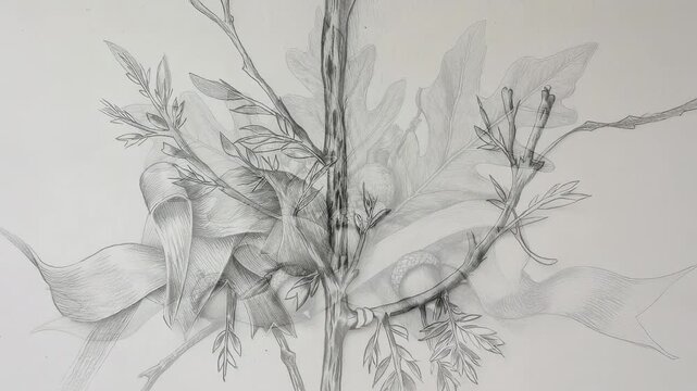 Elegant Monochrome Drawing of Acorns, Oak Leaves, and Ribbon for Art Projects
