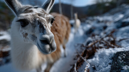 Obraz premium A close-up on a llama's face showcases its unique features in a snowy mountain landscape, emphasizing the beauty of nature and wildlife in serene winter conditions.