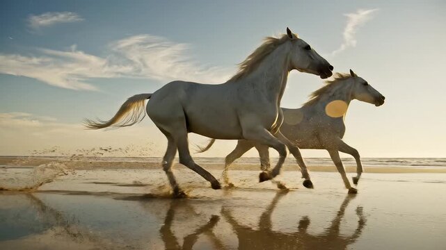 Two white horses running on beach