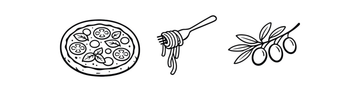 black and white outline italian pizza margherita pasta fork twirl olive branch