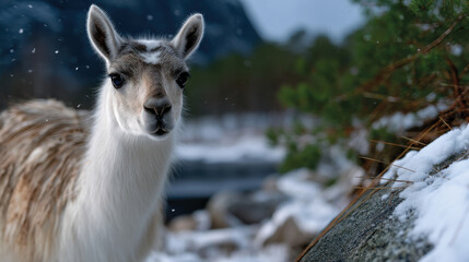 Obraz premium A curious llama gazes at the camera while surrounded by picturesque winter scenery, emphasizing the beauty and charm of wildlife in their natural habitat during snowy weather.