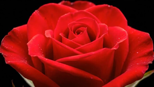 Close-up of a deep red rose in full bloom, showcasing its intricate petals and velvety texture on a dark background