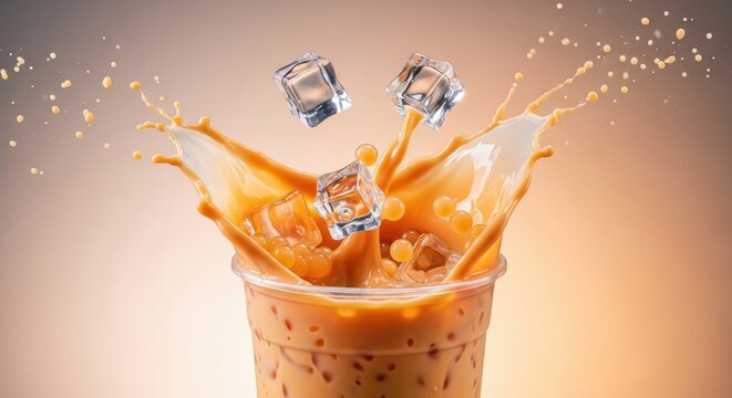 Chilled creamy beverage demonstrates dynamic liquid splash with falling frozen water cubes