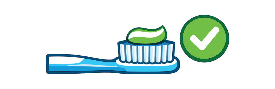 full color flat icon toothpaste dot on brush pea size with checkmark correct amount