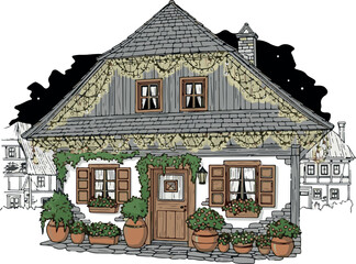 Fototapeta premium Charming illustration of a cozy house decorated with festive Christmas lights and potted plants, creating a warm holiday atmosphere.
