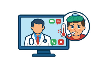 Obraz premium colored flat icon vector illustration isolated on white background telemedicine screen with doctor icon and sick patient face remote illness consultation