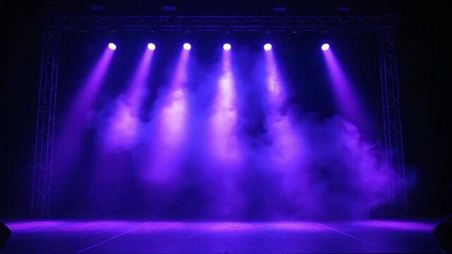 Empty concert stage with purple spotlights and thick smoke rising from the floor in a dark theater setting for live performance or event background