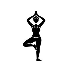 Fototapeta premium Black silhouette woman yoga tree pose balancing wellness icon for fitness apps.