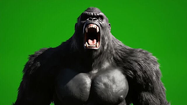 Angry gorilla beating chest and roaring on green screen background