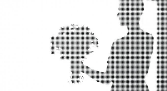Silhouette of a woman holding a bouquet of flowers, rendered in a halftone dot pattern against a bright background