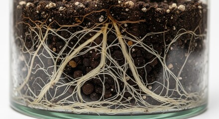 Close up view showcases fine plant root system developing within dark potting medium inside a transparent container
