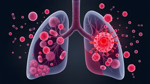 3D Render of Human Lungs with Viral Infection, Bacteria, and Cancer Cells in a Medical Illustration