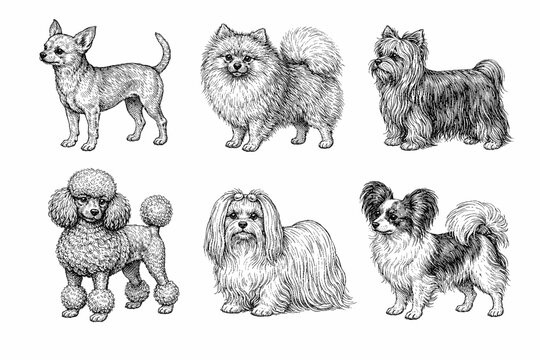 Engraved illustrations of six different dog breeds in detailed black and white sketches