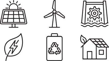 Fototapeta premium A collection of line icons illustrating renewable energy sources and green technology for sustainable living Vector