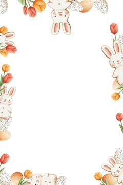 Easter Bunny Cookie Frame with Tulips and Eggs, Isolated PNG