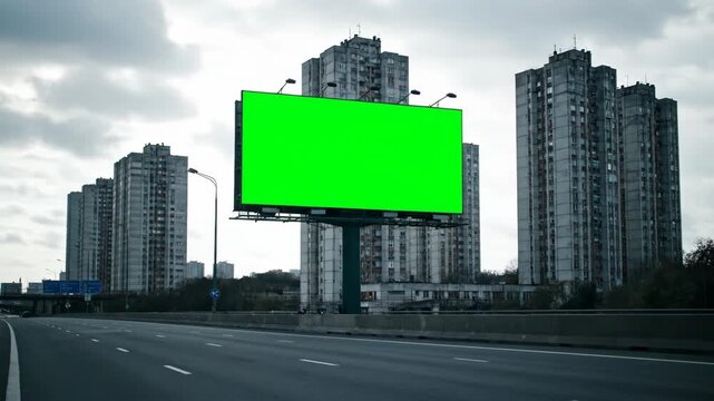 Billboard mockup with green screen chroma key on a city highway roadside against a backdrop of brutalist apartment buildings and cloudy sky