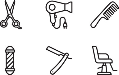 Minimalist collection of barber shop and hair salon equipment line icons Vector