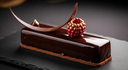 Luxurious rectangular chocolate dessert rests upon a dark slate surface with elegant garnishes.