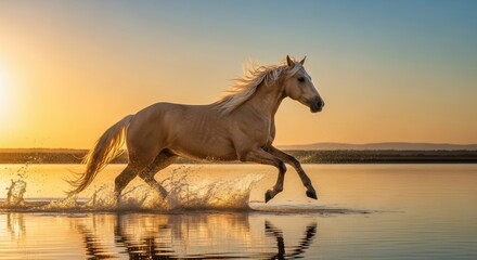 Palomino equine gallops through shallow water during brilliant sunset