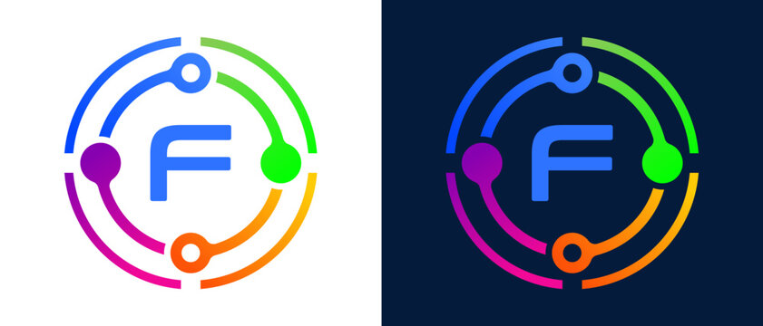 Modern letter &ldquo;F&rdquo; logo with colorful circular connection elements, representing digital technology, network connectivity, innovation, and smart systems.
