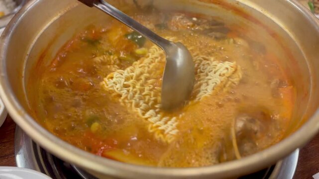 Cooking Delicious Korean Instant Ramen Noodles In A Pot 4K Cinematic Video