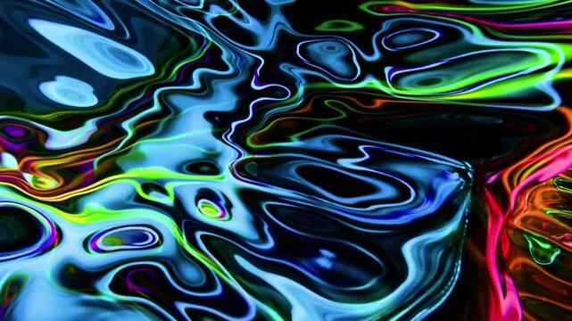 Neon colorful splashes on dark water surface, looped animation