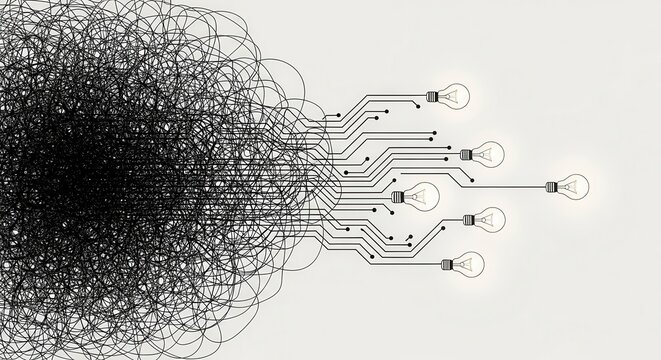 Abstract visualization depicts complex data transforming into illuminated concepts via connected pathways