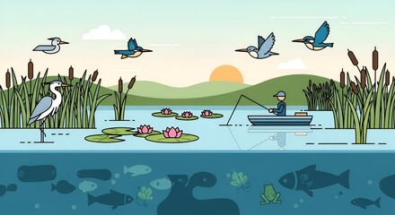 Fisherman on a Lake with Birds and Fish in a Flat Line Art Style.
