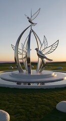 Modern Metal Bird Sculpture with Open Cage Design Against a Clear Sky.