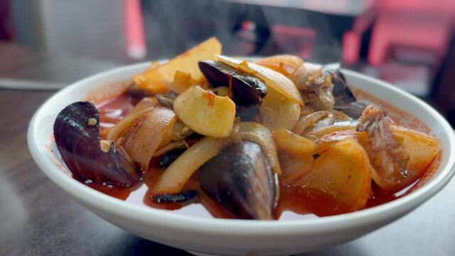 Steaming Hot Korean Spicy Seafood Noodles Jjamppong 4K Cinematic Video