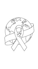 World Cancer Day Awareness Ribbon and Globe Outline Drawing.