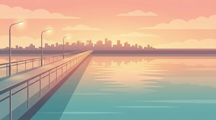 Fototapeta premium Pier at sunset over calm water with street lamps, pastel sky and distant city skyline
