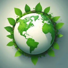 Obraz premium Minimalist earth with green leaves around it, ecology protection theme, flat design, clean background