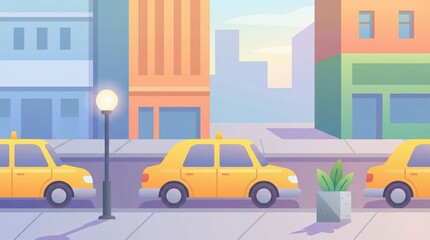 Naklejka premium Colorful city street illustration featuring yellow taxis in a sunny urban block, flat vector style