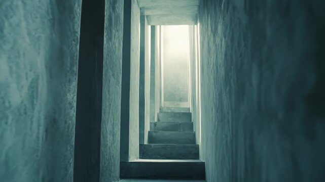 Long, narrow architectural concrete tunnel with steps creating a path upwards towards a bright, mysterious light, symbolizing hope, future, progress, and new opportunities