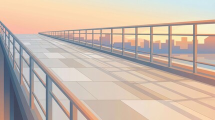 Obraz premium Sunset rooftop balcony with railing overlooking distant city skyline cinematic pastel render