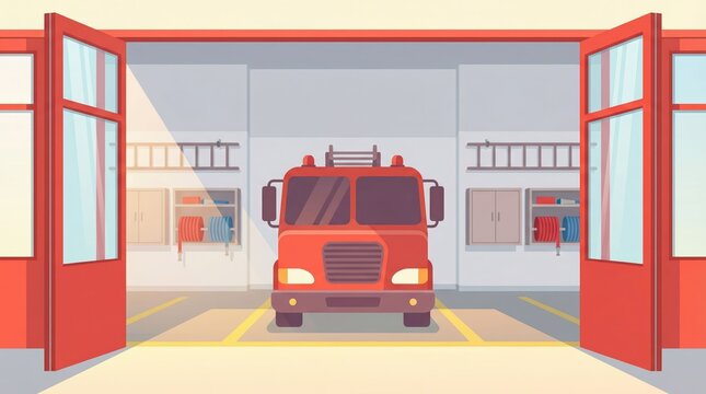 Cartoon vector illustration of a red firetruck in an open fire station bay with bright colors and cheerful, dynamic emergency vehicle scene